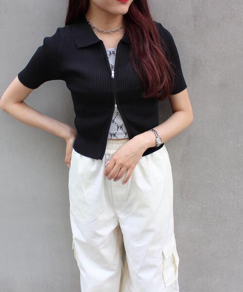 INGNI（イング）の「襟付フロントZIPニットカーディガン（カーディガン/ボレロ・レディース・ブラック/オフホワイト/オレンジ/ブルー・M）」の10枚目の写真