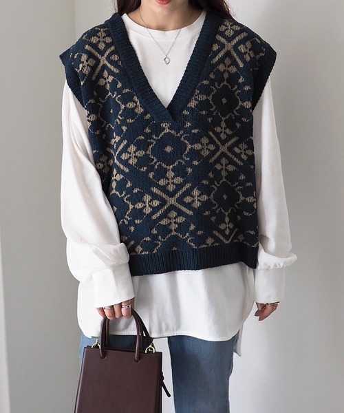 Riberry（リベリー）の「総柄ジャガード深Vネックベスト（ベスト・レディース・グリーン/ベージュ/オレンジ・MEDIUM）」の12枚目の写真