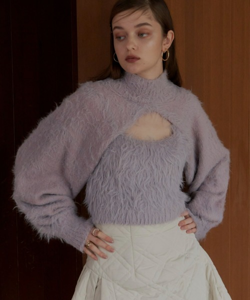 VIOLETTA（ヴィオレッタ）の「フェザーヤーンボレロニットトップス（ニット/セーター・レディース・ブラック/ホワイト/ライトパープル/ベージュ・FREE）」の7枚目の写真