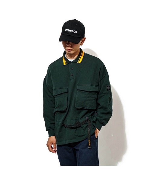 CHARI&CO（チャリアンドコー）の「CHARI&CO x WILD THINGS SLICER SWEATS POLO SHIRTS ポロシャツ 長袖（ポロシャツ・メンズ・ブラック/グリーン・MEDIUM/LARGE/X-LARGE）」の2枚目の写真