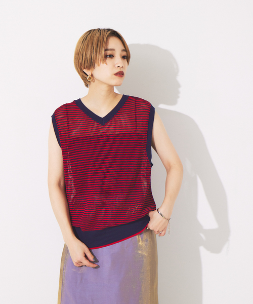 NOMINE(ノミネ)の「メッシュボーダー2WAYプルオーバー(Tシャツ/カットソー・レディース・ブラウン/レッド/ベージュ/グリーン・フリー)」の4枚目の写真