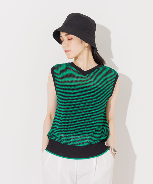 NOMINE(ノミネ)の「メッシュボーダー2WAYプルオーバー(Tシャツ/カットソー・レディース・ブラウン/レッド/ベージュ/グリーン・フリー)」の1枚目の写真