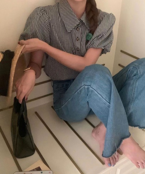 Chick(チック)の「ギンガムチェックパフスリーブ半袖トップス(シャツ/ブラウス・レディース・ブラック/グリーン・FREE)」の7枚目の写真