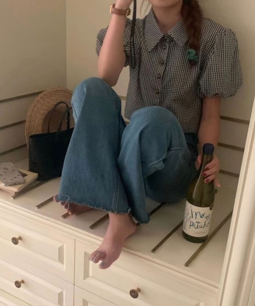 Chick(チック)の「ギンガムチェックパフスリーブ半袖トップス(シャツ/ブラウス・レディース・ブラック/グリーン・FREE)」の8枚目の写真