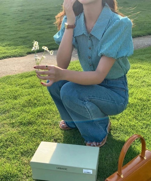 Chick(チック)の「ギンガムチェックパフスリーブ半袖トップス(シャツ/ブラウス・レディース・ブラック/グリーン・FREE)」の5枚目の写真