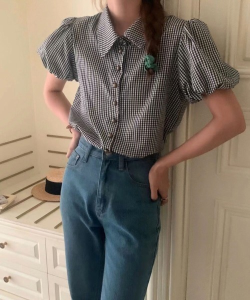 Chick(チック)の「ギンガムチェックパフスリーブ半袖トップス(シャツ/ブラウス・レディース・ブラック/グリーン・FREE)」の9枚目の写真