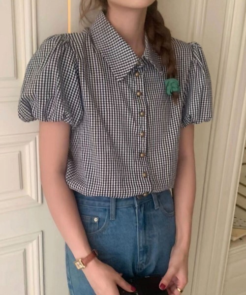 Chick(チック)の「ギンガムチェックパフスリーブ半袖トップス(シャツ/ブラウス・レディース・ブラック/グリーン・FREE)」の10枚目の写真