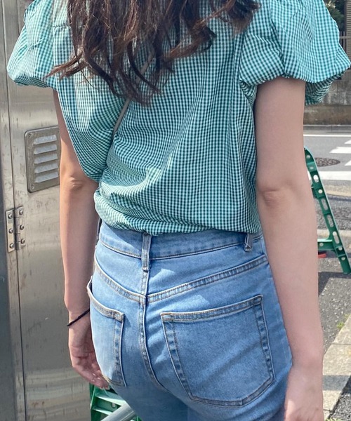 Chick(チック)の「ギンガムチェックパフスリーブ半袖トップス(シャツ/ブラウス・レディース・ブラック/グリーン・FREE)」の12枚目の写真