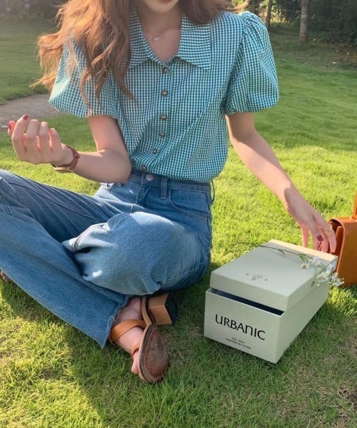 Chick(チック)の「ギンガムチェックパフスリーブ半袖トップス(シャツ/ブラウス・レディース・ブラック/グリーン・FREE)」の13枚目の写真