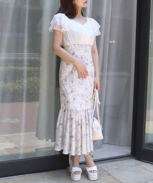 セール】シフォン花柄ドッキングマーメイドワンピース