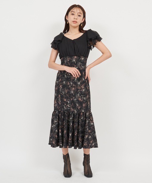 セール】シフォン花柄ドッキングマーメイドワンピース