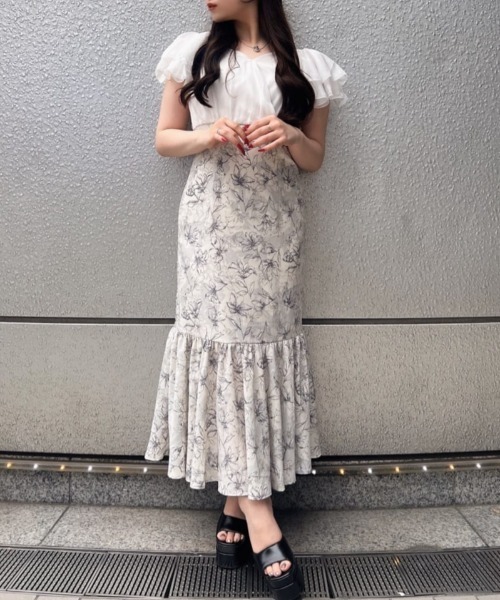 セール】シフォン花柄ドッキングマーメイドワンピース