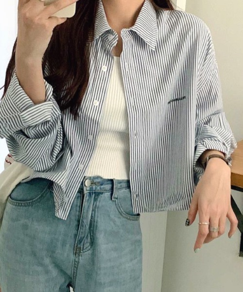 SHEENA(シーナ)の「クロップド丈ストライプシャツ(シャツ/ブラウス・レディース・ホワイト/サックスブルー・M)」の12枚目の写真