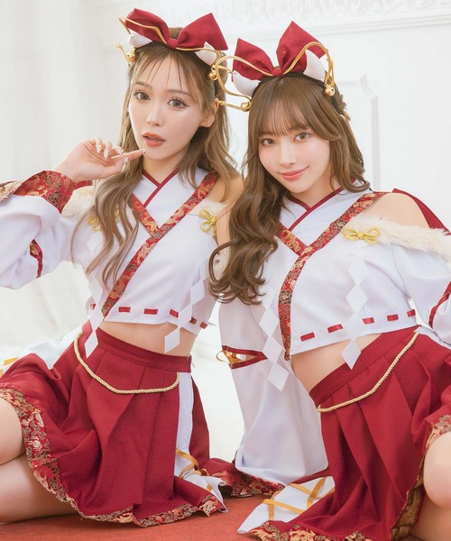 コスプレ かわいい 巫女 辰 和装 長袖 へそ出し プリーツ ミニ フレアスカート 体型カバー セットアップ3点セット