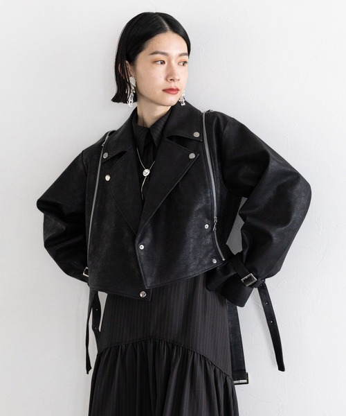 HARE(ハレ)の「フェイクレザージップライダース(HARE)(ライダースジャケット・レディース・アイボリー/ブラック・FREE)」の7枚目の写真