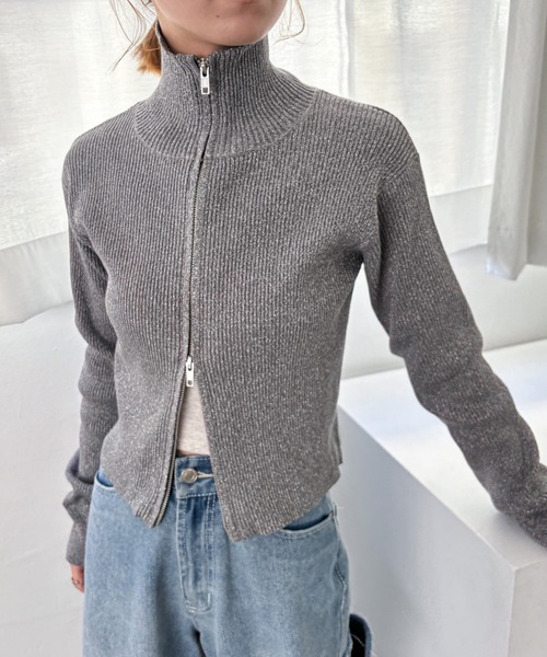 EPIMI E'PIMMY（エピミエピミー）の「【ハンドウォッシャブル】ダブルジップラメリブニット（ニット/セーター・レディース・オフホワイト/グレー/クリーム/ブラック・MEDIUM）」の3枚目の写真