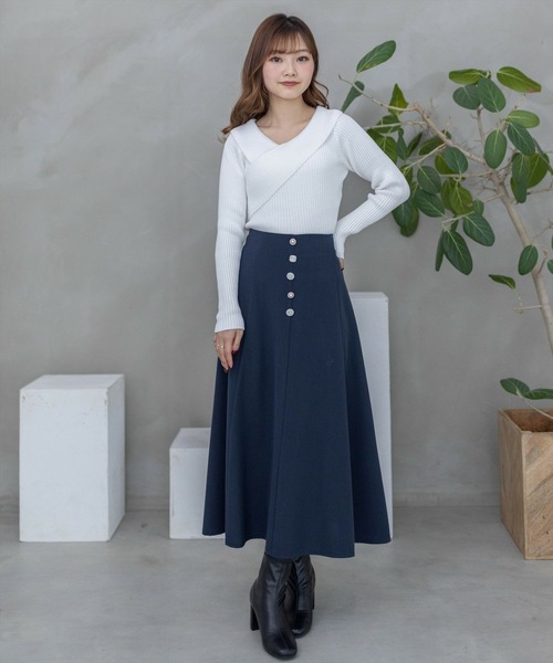 セール】アシンメトリークロスネックニットトップス[オフィス