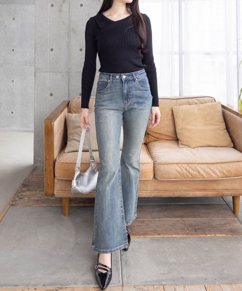 clear（クリア）の「アシンメトリークロスネックニットトップス[オフィスカジュアル 大人 フェミニン]≪再入荷≫（ニット/セーター・レディース・ミント/ピンク/ブラック/サックスブルー/オフホワイト・F）」の13枚目の写真