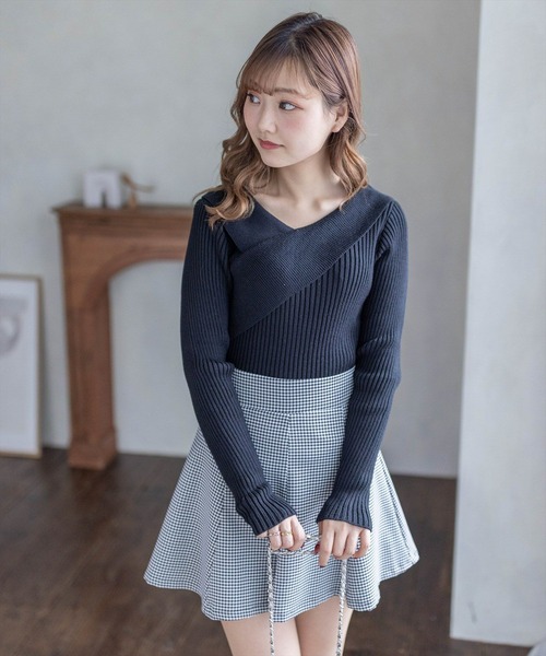セール】アシンメトリークロスネックニットトップス[オフィス