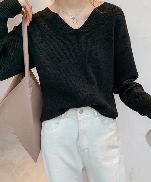Miniministore(ミニミニストア)の「【新色追加】ニットトップス レディース Vネック長袖(ニット/セーター・レディース・ホワイト/ブラック/モカ/ブラウン/ベージュ/グレー・M/L)」の19枚目の写真