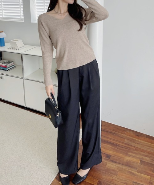 Miniministore(ミニミニストア)の「【新色追加】ニットトップス レディース Vネック長袖(ニット/セーター・レディース・ホワイト/ブラック/モカ/ブラウン/ベージュ/グレー・M/L)」の22枚目の写真