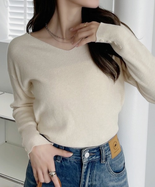 Miniministore(ミニミニストア)の「【新色追加】ニットトップス レディース Vネック長袖(ニット/セーター・レディース・ホワイト/ブラック/モカ/ブラウン/ベージュ/グレー・M/L)」の20枚目の写真