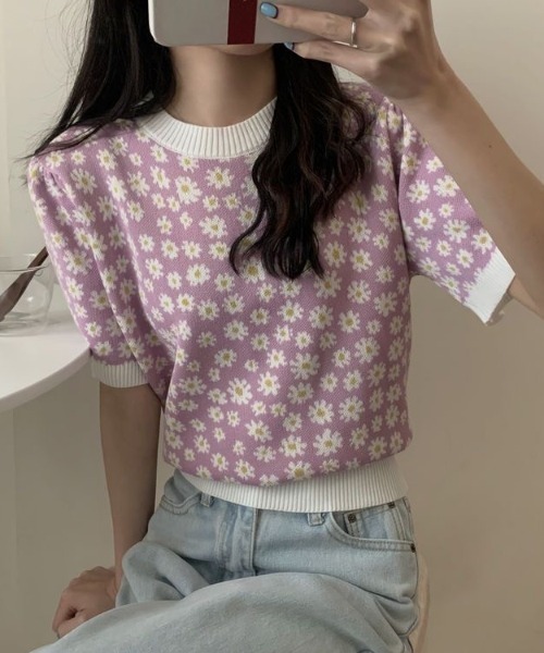 Achic(アシック)の「小花柄ニットトップス(Tシャツ/カットソー・レディース・ブラック/ブルー/パープル・M)」の12枚目の写真
