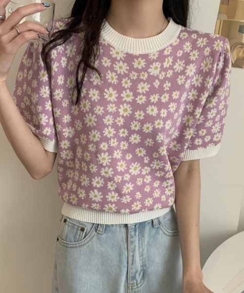 Achic(アシック)の「小花柄ニットトップス(Tシャツ/カットソー・レディース・ブラック/ブルー/パープル・M)」の13枚目の写真
