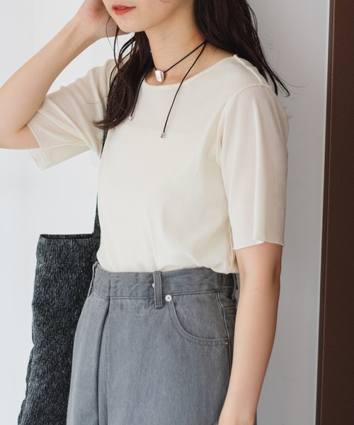 Kastane(カスタネ)の「*【5色展開】ベロアチュール半袖TEE(Tシャツ/カットソー・レディース・ライム/アイボリー/ブラック/ブルー/ピンク・FREE)」の2枚目の写真