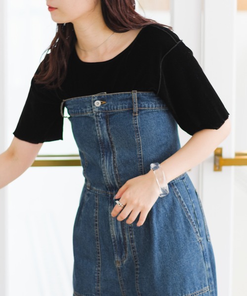 Kastane(カスタネ)の「*【5色展開】ベロアチュール半袖TEE(Tシャツ/カットソー・レディース・ライム/アイボリー/ブラック/ブルー/ピンク・FREE)」の3枚目の写真