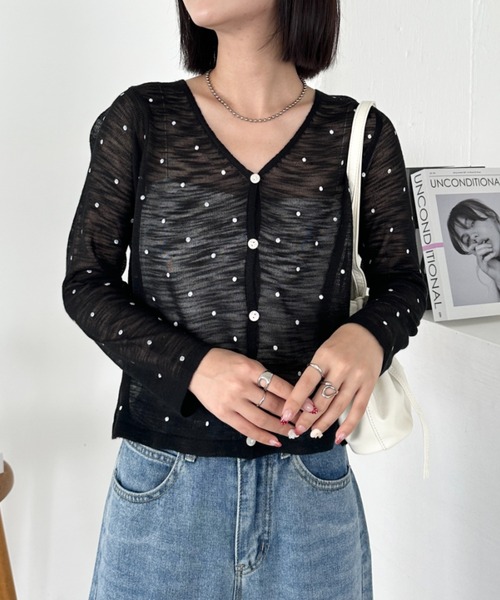 CLEA(クレア)の「シアードットカーディガントップス(カーディガン/ボレロ・レディース・ピンク/レッド/ブラック/ミント/アイボリー・FREE)」の1枚目の写真