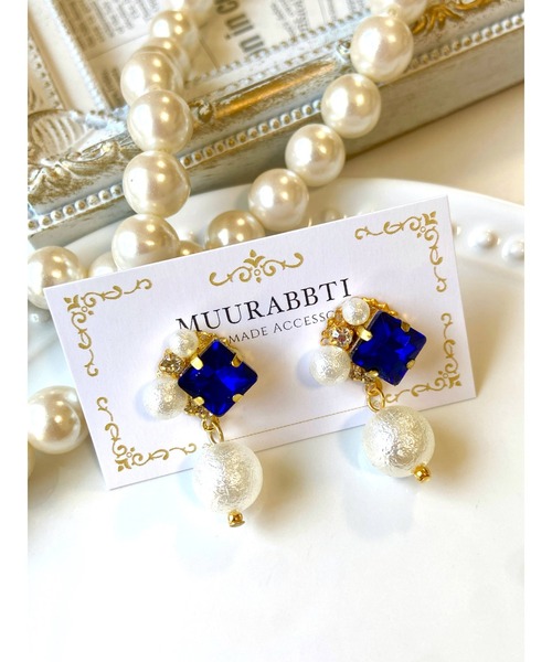tone(トーン)の「【MUURABBTI】スクエアビジューとコットン風パールのピアス(MA)(ピアス(両耳用)・レディース・その他/エメラルド/その他1/バイオレット/コバルトブルー/アクア・FREE)」の3枚目の写真