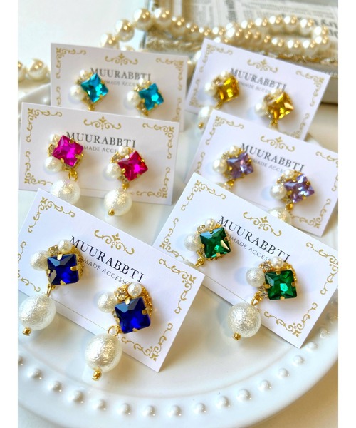 tone(トーン)の「【MUURABBTI】スクエアビジューとコットン風パールのピアス(MA)(ピアス(両耳用)・レディース・その他/エメラルド/その他1/バイオレット/コバルトブルー/アクア・FREE)」の9枚目の写真