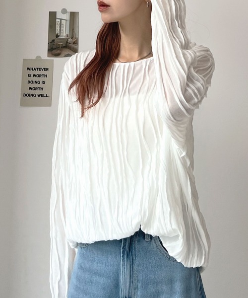 Futier land(フューティアランド)の「ウェーブシアーゆったりトップス(Tシャツ/カットソー・レディース・ブラウン/ブラック/オフホワイト/ベージュ・FREE)」の9枚目の写真