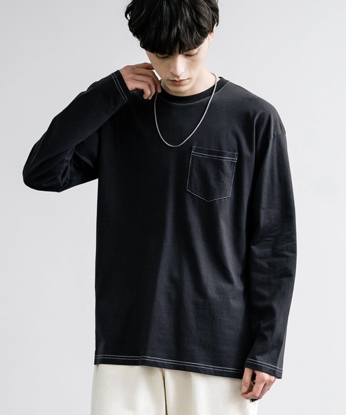Rocky Monroe(ロッキーモンロー)の「ピーチ天竺 ポケット付きBIG ロンT 無地・配色ステッチ(Tシャツ/カットソー・メンズ・ブラック系/ホワイト系/ネイビー/ホワイト/ブラック/ベージュ/カーキ/ネイビー系・L/M/LL)」の4枚目の写真