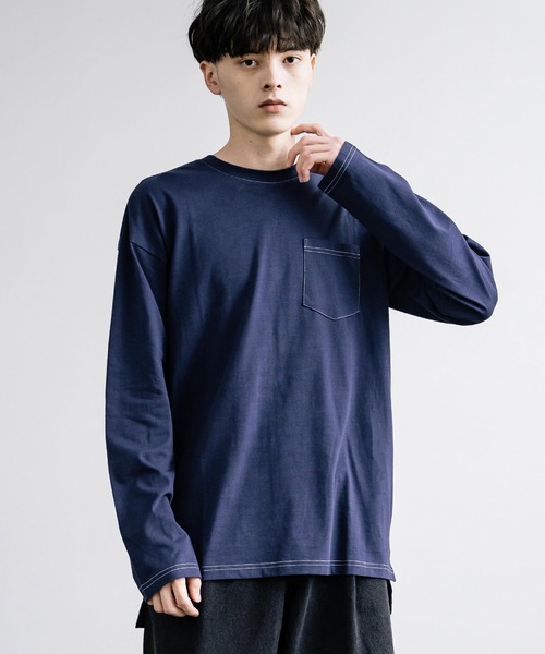 Rocky Monroe(ロッキーモンロー)の「ピーチ天竺 ポケット付きBIG ロンT 無地・配色ステッチ(Tシャツ/カットソー・メンズ・ブラック系/ホワイト系/ネイビー/ホワイト/ブラック/ベージュ/カーキ/ネイビー系・L/M/LL)」の8枚目の写真