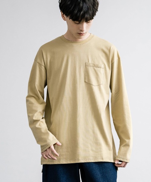 Rocky Monroe(ロッキーモンロー)の「ピーチ天竺 ポケット付きBIG ロンT 無地・配色ステッチ(Tシャツ/カットソー・メンズ・ブラック系/ホワイト系/ネイビー/ホワイト/ブラック/ベージュ/カーキ/ネイビー系・L/M/LL)」の5枚目の写真