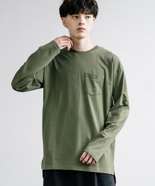 Rocky Monroe(ロッキーモンロー)の「ピーチ天竺 ポケット付きBIG ロンT 無地・配色ステッチ(Tシャツ/カットソー・メンズ・ブラック系/ホワイト系/ネイビー/ホワイト/ブラック/ベージュ/カーキ/ネイビー系・L/M/LL)」の6枚目の写真