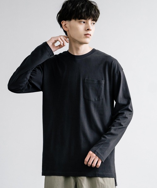Rocky Monroe(ロッキーモンロー)の「ピーチ天竺 ポケット付きBIG ロンT 無地・配色ステッチ(Tシャツ/カットソー・メンズ・ブラック系/ホワイト系/ネイビー/ホワイト/ブラック/ベージュ/カーキ/ネイビー系・L/M/LL)」の3枚目の写真