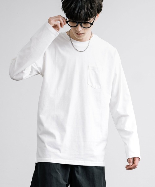 Rocky Monroe(ロッキーモンロー)の「ピーチ天竺 ポケット付きBIG ロンT 無地・配色ステッチ(Tシャツ/カットソー・メンズ・ブラック系/ホワイト系/ネイビー/ホワイト/ブラック/ベージュ/カーキ/ネイビー系・L/M/LL)」の9枚目の写真