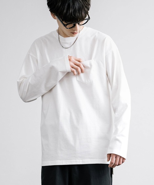 Rocky Monroe(ロッキーモンロー)の「ピーチ天竺 ポケット付きBIG ロンT 無地・配色ステッチ(Tシャツ/カットソー・メンズ・ブラック系/ホワイト系/ネイビー/ホワイト/ブラック/ベージュ/カーキ/ネイビー系・L/M/LL)」の10枚目の写真