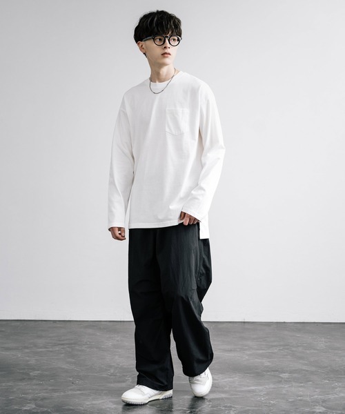 Rocky Monroe(ロッキーモンロー)の「ピーチ天竺 ポケット付きBIG ロンT 無地・配色ステッチ(Tシャツ/カットソー・メンズ・ブラック系/ホワイト系/ネイビー/ホワイト/ブラック/ベージュ/カーキ/ネイビー系・L/M/LL)」の11枚目の写真