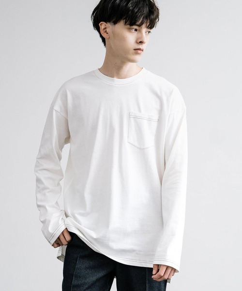 Rocky Monroe(ロッキーモンロー)の「ピーチ天竺 ポケット付きBIG ロンT 無地・配色ステッチ(Tシャツ/カットソー・メンズ・ブラック系/ホワイト系/ネイビー/ホワイト/ブラック/ベージュ/カーキ/ネイビー系・L/M/LL)」の13枚目の写真