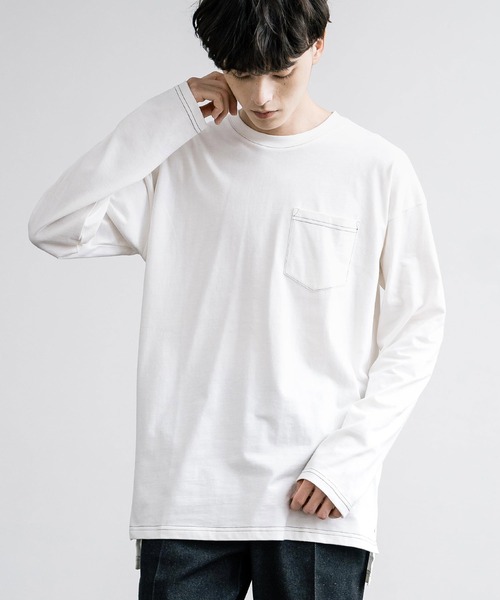 Rocky Monroe(ロッキーモンロー)の「ピーチ天竺 ポケット付きBIG ロンT 無地・配色ステッチ(Tシャツ/カットソー・メンズ・ブラック系/ホワイト系/ネイビー/ホワイト/ブラック/ベージュ/カーキ/ネイビー系・L/M/LL)」の14枚目の写真