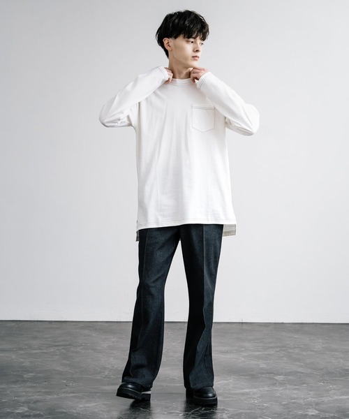 Rocky Monroe(ロッキーモンロー)の「ピーチ天竺 ポケット付きBIG ロンT 無地・配色ステッチ(Tシャツ/カットソー・メンズ・ブラック系/ホワイト系/ネイビー/ホワイト/ブラック/ベージュ/カーキ/ネイビー系・L/M/LL)」の15枚目の写真