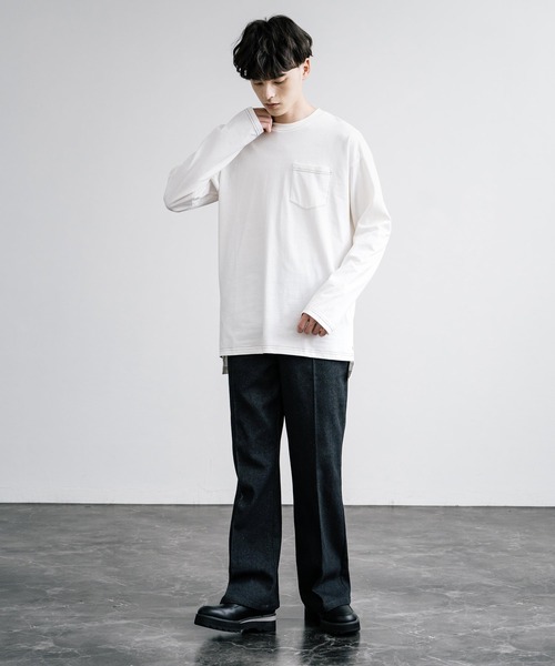 Rocky Monroe(ロッキーモンロー)の「ピーチ天竺 ポケット付きBIG ロンT 無地・配色ステッチ(Tシャツ/カットソー・メンズ・ブラック系/ホワイト系/ネイビー/ホワイト/ブラック/ベージュ/カーキ/ネイビー系・L/M/LL)」の16枚目の写真