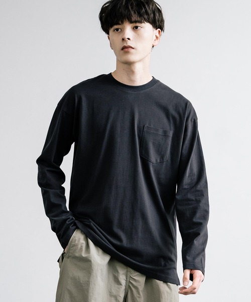 Rocky Monroe(ロッキーモンロー)の「ピーチ天竺 ポケット付きBIG ロンT 無地・配色ステッチ(Tシャツ/カットソー・メンズ・ブラック系/ホワイト系/ネイビー/ホワイト/ブラック/ベージュ/カーキ/ネイビー系・L/M/LL)」の18枚目の写真