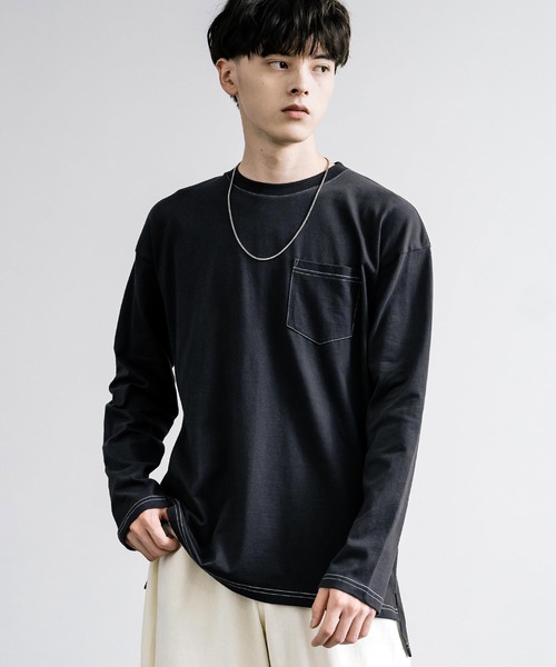 Rocky Monroe(ロッキーモンロー)の「ピーチ天竺 ポケット付きBIG ロンT 無地・配色ステッチ(Tシャツ/カットソー・メンズ・ブラック系/ホワイト系/ネイビー/ホワイト/ブラック/ベージュ/カーキ/ネイビー系・L/M/LL)」の21枚目の写真