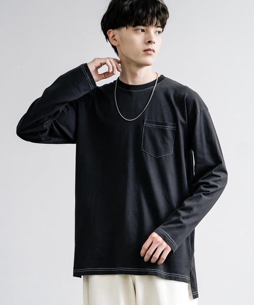 Rocky Monroe(ロッキーモンロー)の「ピーチ天竺 ポケット付きBIG ロンT 無地・配色ステッチ(Tシャツ/カットソー・メンズ・ブラック系/ホワイト系/ネイビー/ホワイト/ブラック/ベージュ/カーキ/ネイビー系・L/M/LL)」の22枚目の写真