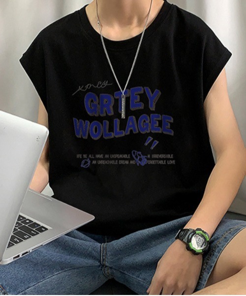 NOWLE（ノウル）の「【NOWLE】ルーズシルエット フロントロゴ ノースリーブ Tシャツ（タンクトップ・メンズ・ホワイト/ブラック・LARGE/MEDIUM）」の2枚目の写真